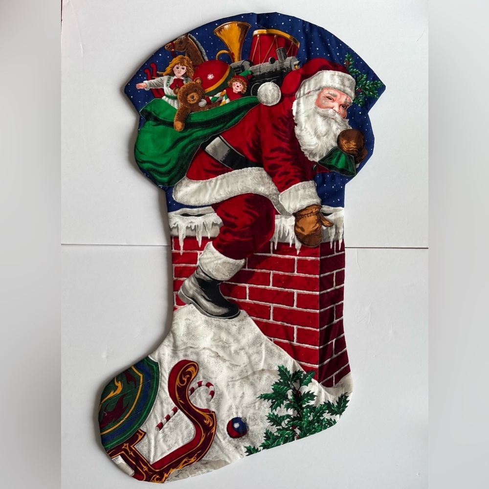 Vtg Jumbo Down Chimney Fabric Christmas Stocking Large Cranston Complete Quilted - Picture 3 of 6